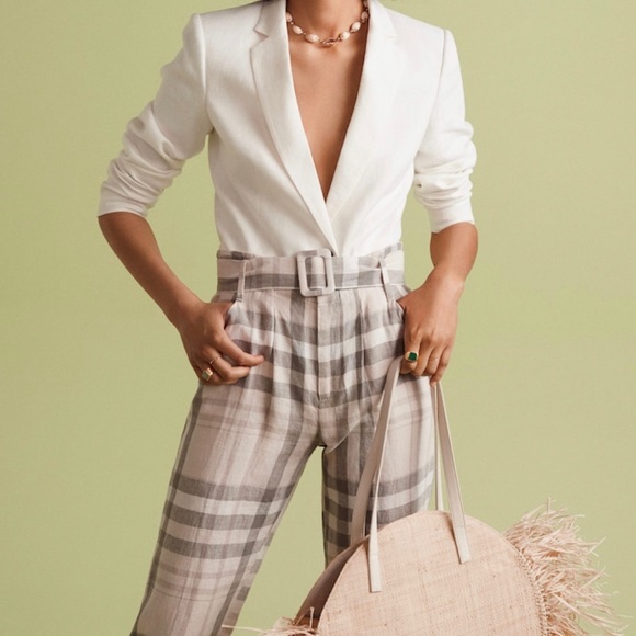 MNG Linen Belted Plaid Trousers Ankle Mid-Rise NWT - Picture 2 of 12